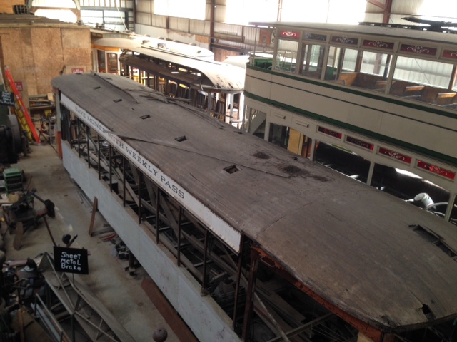 9-8-14 streetcar under restoration at the Kennebunkport Trolley Museum